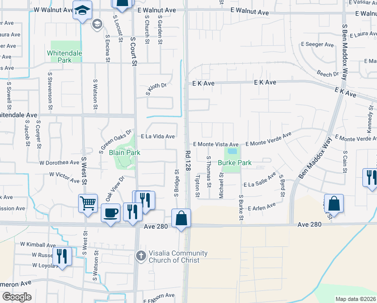 map of restaurants, bars, coffee shops, grocery stores, and more near 3001-3499 S Santa Fe Ave in Visalia