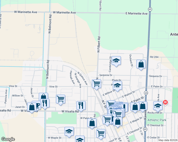 map of restaurants, bars, coffee shops, grocery stores, and more near 607 North Quince Avenue in Exeter