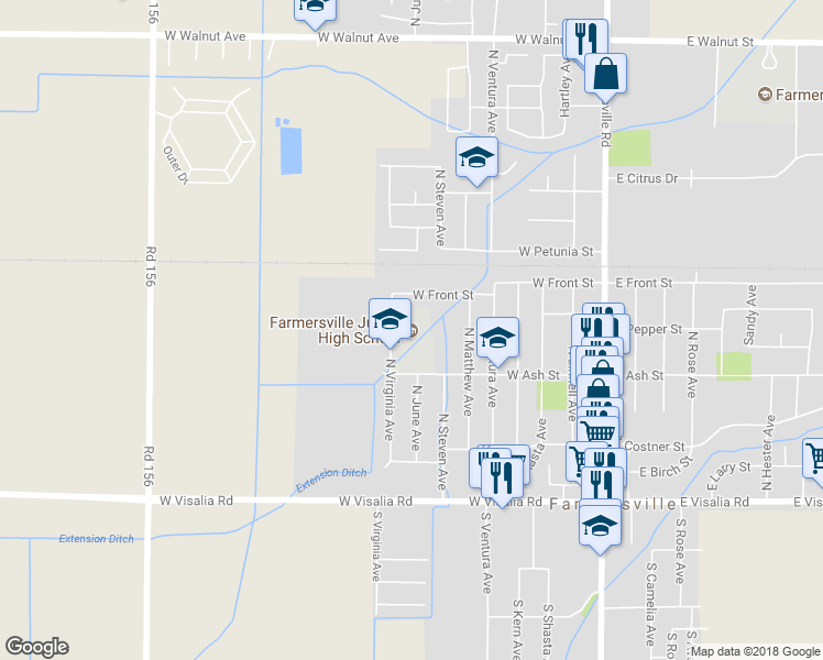 map of restaurants, bars, coffee shops, grocery stores, and more near 650 North Virginia Avenue in Farmersville
