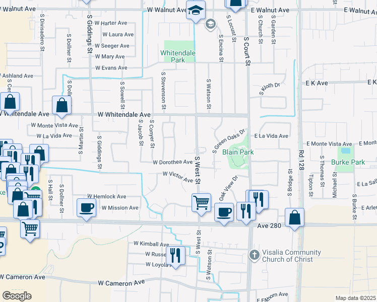 map of restaurants, bars, coffee shops, grocery stores, and more near 3039 South West Street in Visalia