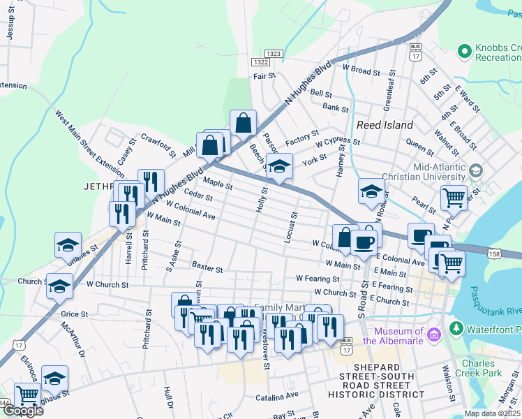 map of restaurants, bars, coffee shops, grocery stores, and more near 704 Cedar Street in Elizabeth City