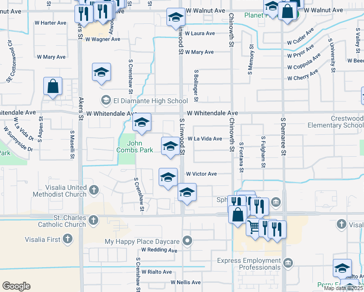 map of restaurants, bars, coffee shops, grocery stores, and more near 3040 South Linwood Street in Visalia