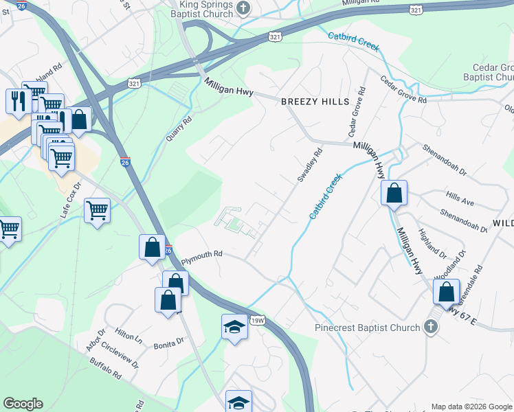map of restaurants, bars, coffee shops, grocery stores, and more near 607 Swadley Road in Johnson City