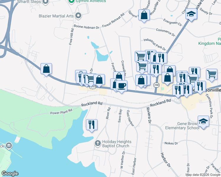 map of restaurants, bars, coffee shops, grocery stores, and more near West Main Street in Hendersonville