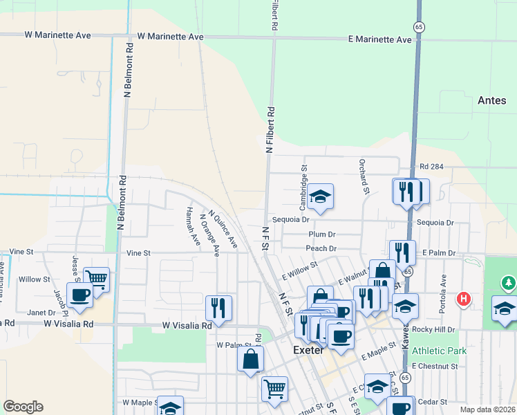 map of restaurants, bars, coffee shops, grocery stores, and more near 953 Road 192 in Exeter