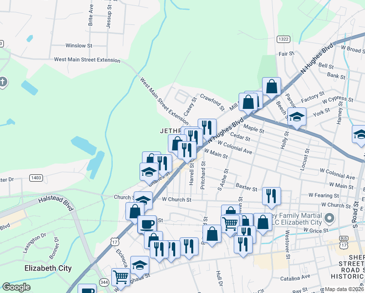 map of restaurants, bars, coffee shops, grocery stores, and more near 402 Merriwood Avenue in Elizabeth City