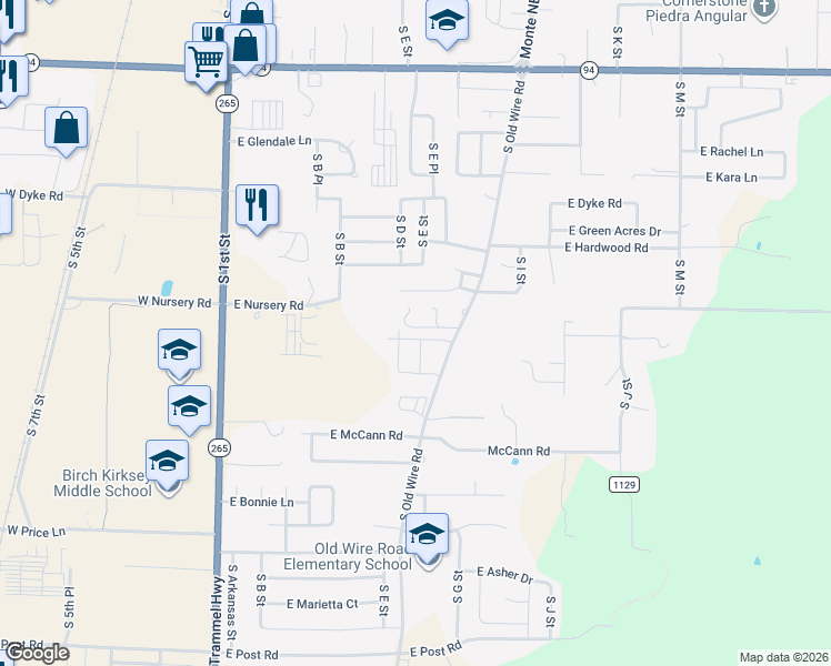 map of restaurants, bars, coffee shops, grocery stores, and more near 2608 South Old Wire Road in Rogers
