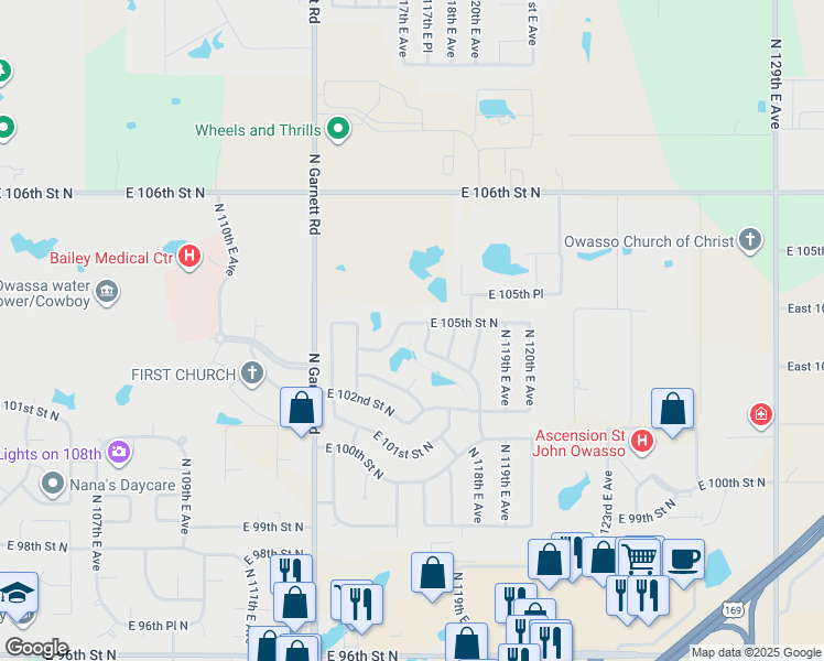 map of restaurants, bars, coffee shops, grocery stores, and more near 11806 East 105th Street North in Owasso