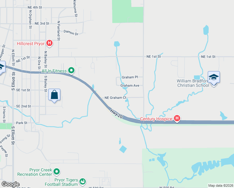 map of restaurants, bars, coffee shops, grocery stores, and more near 1709 Northeast Graham Court in Pryor