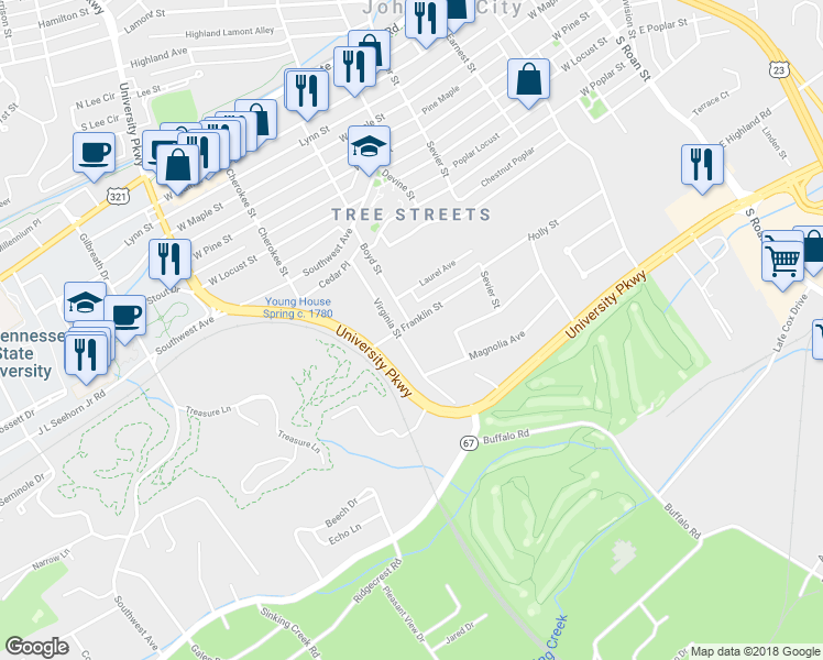 map of restaurants, bars, coffee shops, grocery stores, and more near 619 Franklin Street in Johnson City
