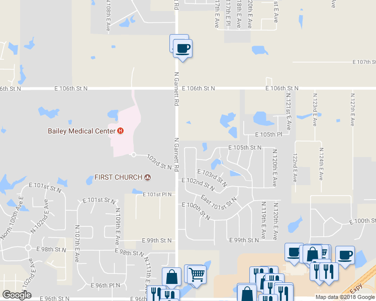 map of restaurants, bars, coffee shops, grocery stores, and more near 10407 North 114th East Avenue in Owasso