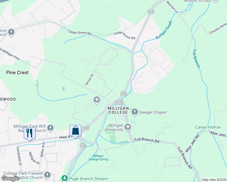 map of restaurants, bars, coffee shops, grocery stores, and more near 154 Bowman Road in Johnson City