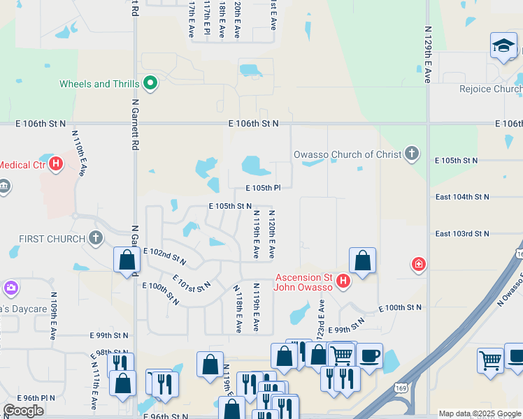 map of restaurants, bars, coffee shops, grocery stores, and more near 10227 North 119th East Avenue in Owasso