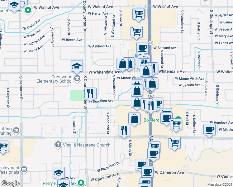 map of restaurants, bars, coffee shops, grocery stores, and more near 3030 South Woodland Street in Visalia