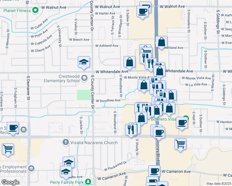 map of restaurants, bars, coffee shops, grocery stores, and more near 2909-3099 South Woodland Street in Visalia