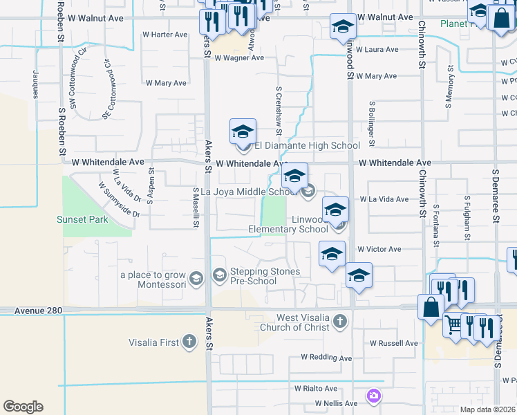 map of restaurants, bars, coffee shops, grocery stores, and more near in Visalia