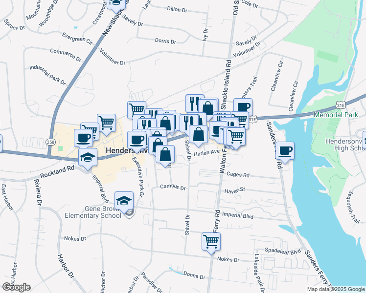 map of restaurants, bars, coffee shops, grocery stores, and more near 116 Shivel Drive in Hendersonville
