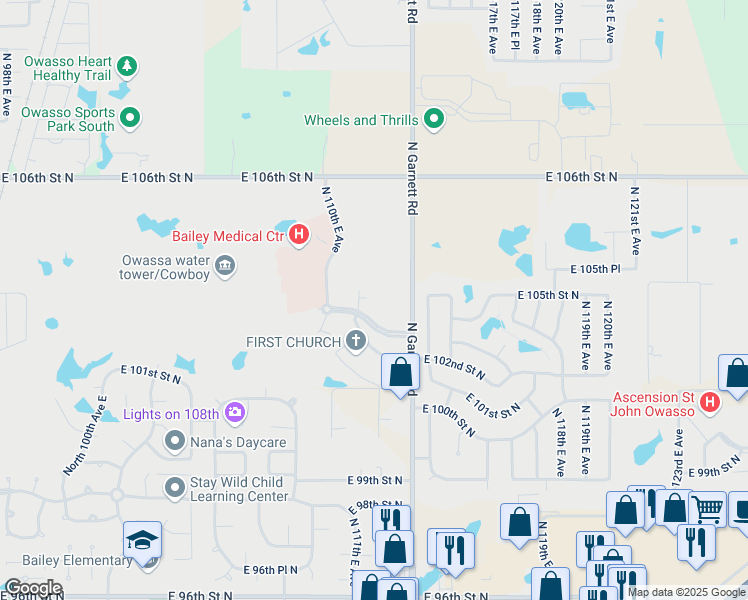 map of restaurants, bars, coffee shops, grocery stores, and more near 11113 East 103rd Street North in Owasso