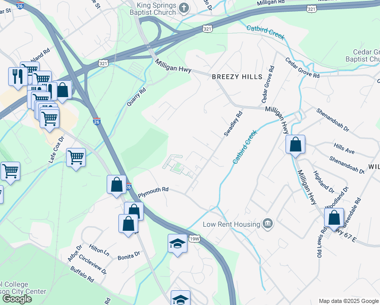 map of restaurants, bars, coffee shops, grocery stores, and more near 78 Charleston Square in Johnson City