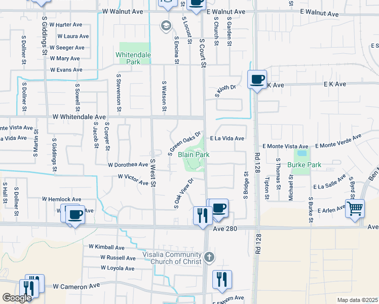map of restaurants, bars, coffee shops, grocery stores, and more near 3101 South Court Street in Visalia