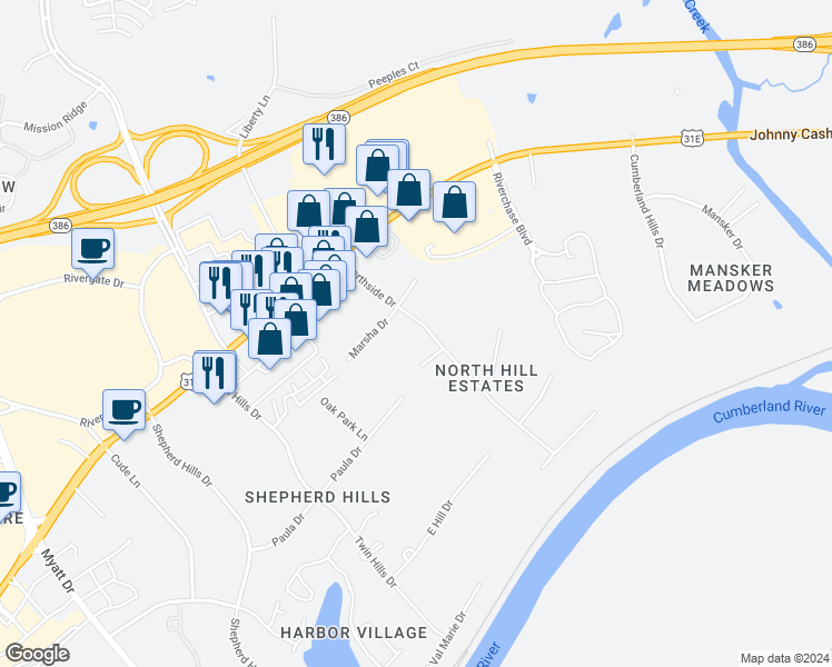 map of restaurants, bars, coffee shops, grocery stores, and more near 204 Northside Drive in Nashville
