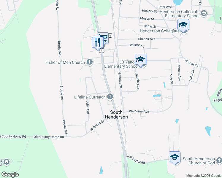 map of restaurants, bars, coffee shops, grocery stores, and more near 1934 Raleigh Road in Henderson