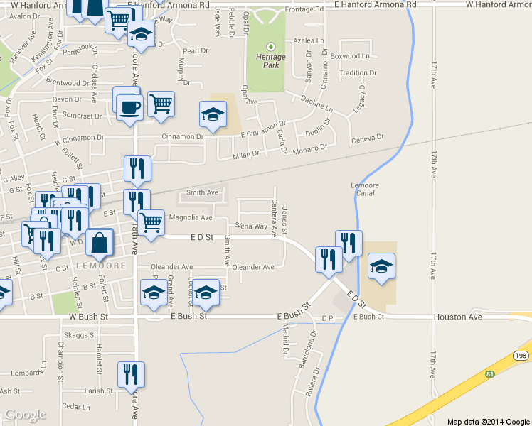 map of restaurants, bars, coffee shops, grocery stores, and more near 635 Firenze Street in Lemoore