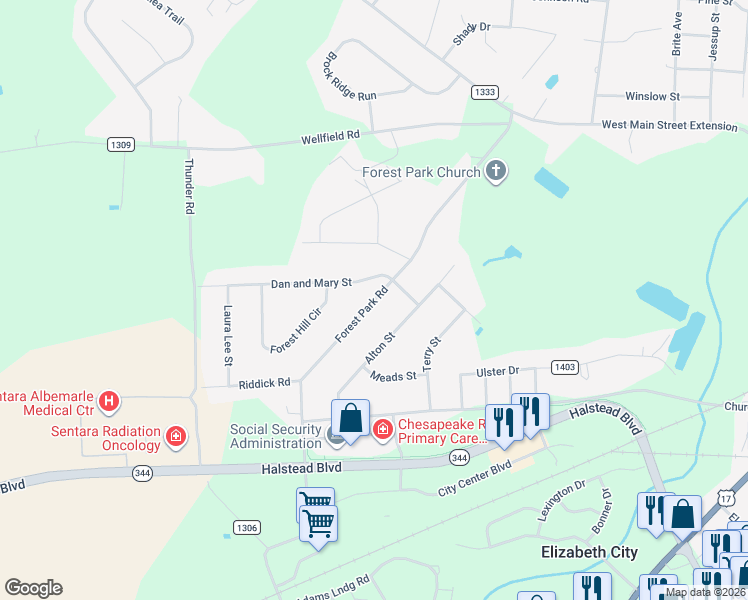 map of restaurants, bars, coffee shops, grocery stores, and more near State Road 1307 in Elizabeth City