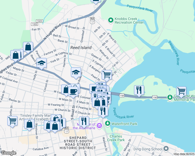 map of restaurants, bars, coffee shops, grocery stores, and more near 400 Pearl Street in Elizabeth City