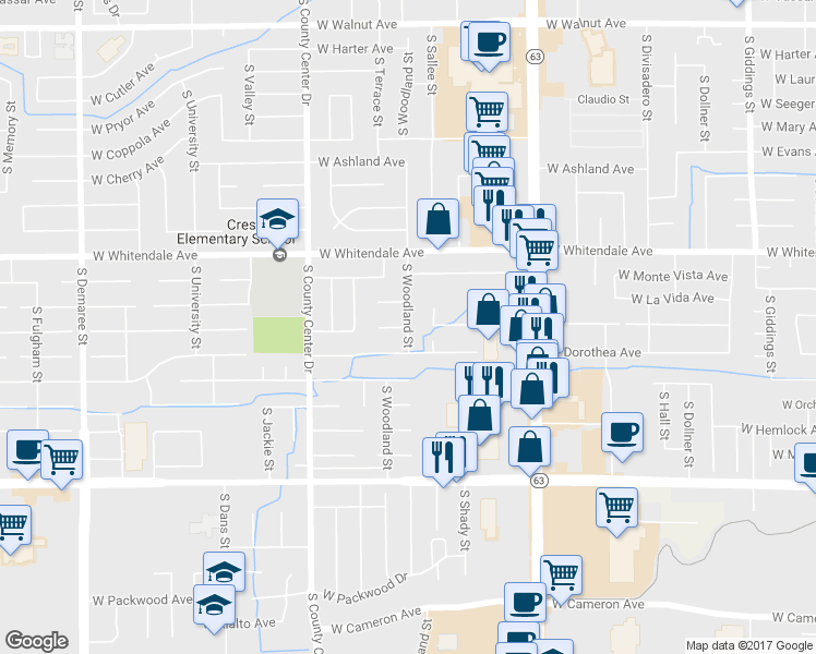 map of restaurants, bars, coffee shops, grocery stores, and more near S Woodland St & W Sunnyside Ct in Visalia
