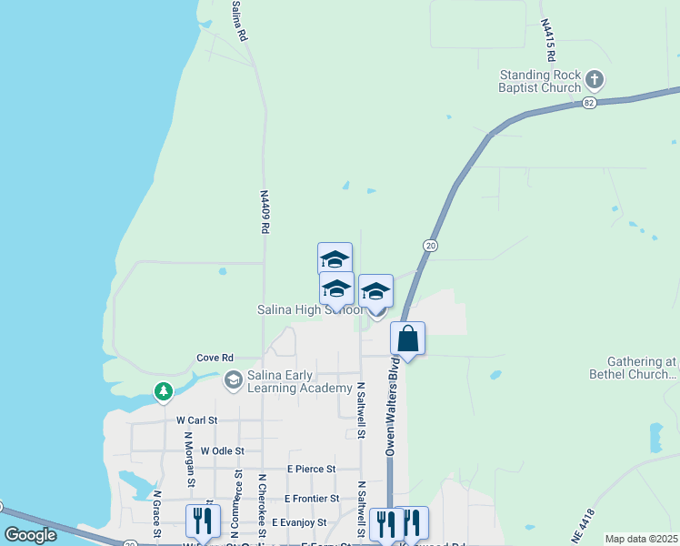map of restaurants, bars, coffee shops, grocery stores, and more near 1025 North 441 in Salina