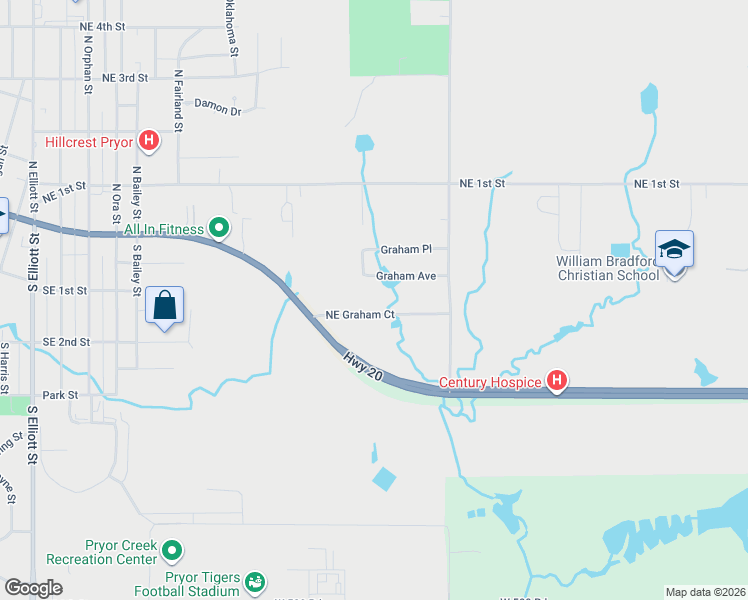 map of restaurants, bars, coffee shops, grocery stores, and more near 1709 Northeast Graham Court in Pryor