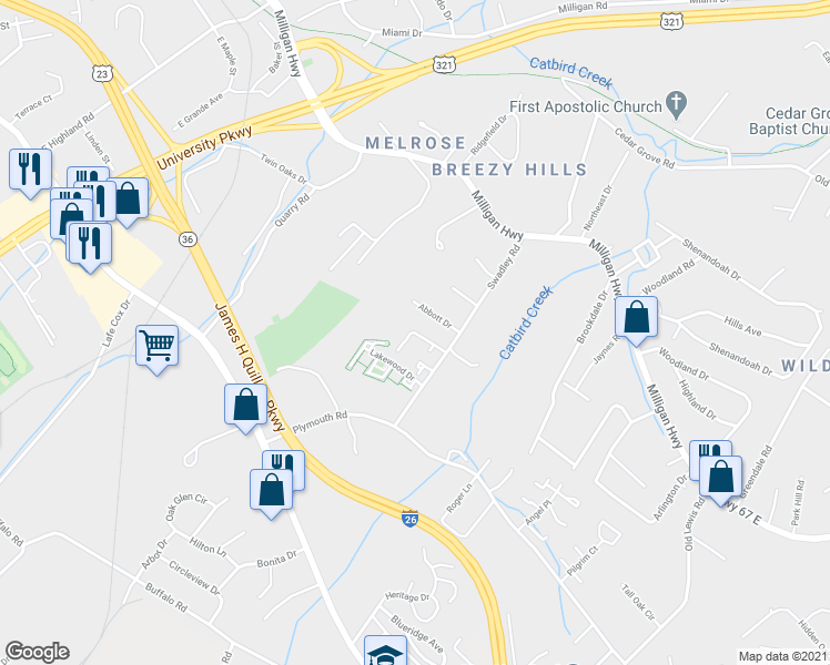 map of restaurants, bars, coffee shops, grocery stores, and more near 82 Charleston Square in Johnson City