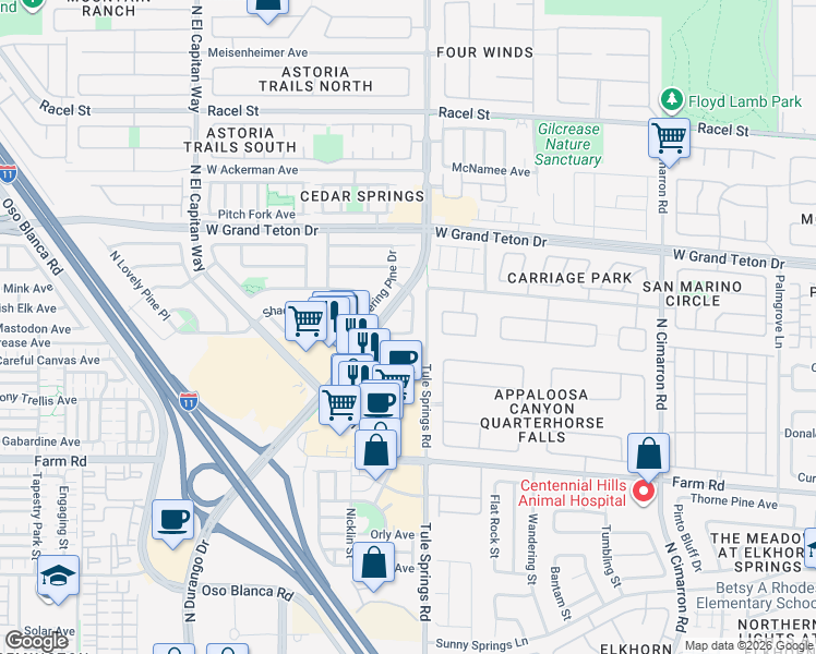 map of restaurants, bars, coffee shops, grocery stores, and more near 8413 Shady Pines Drive in Las Vegas