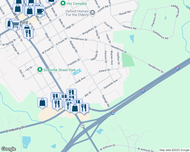 map of restaurants, bars, coffee shops, grocery stores, and more near 704 Raleigh Street in Oxford