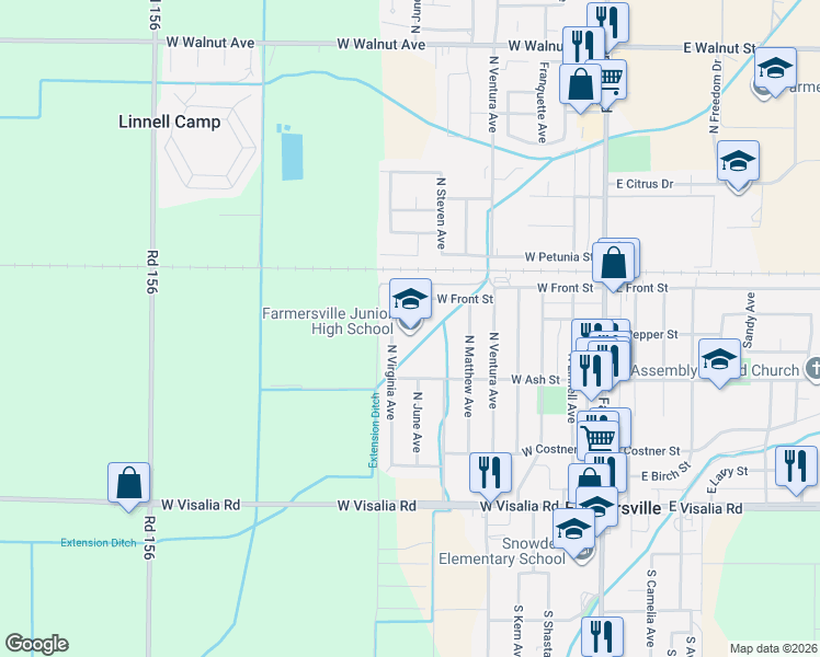 map of restaurants, bars, coffee shops, grocery stores, and more near 650 North Virginia Avenue in Farmersville