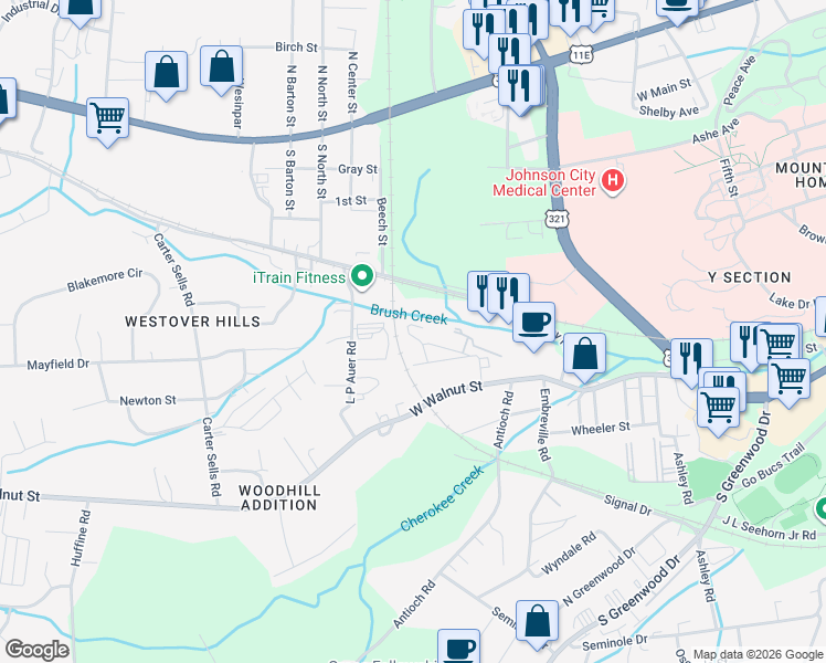 map of restaurants, bars, coffee shops, grocery stores, and more near 500 Mack Street in Johnson City