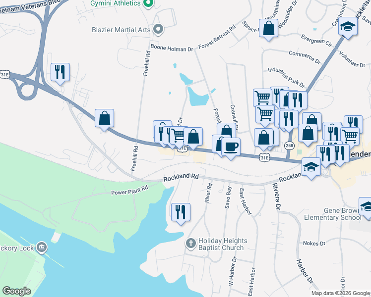 map of restaurants, bars, coffee shops, grocery stores, and more near West Main Street in Hendersonville