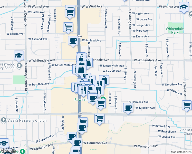map of restaurants, bars, coffee shops, grocery stores, and more near South Fairway Street in Visalia