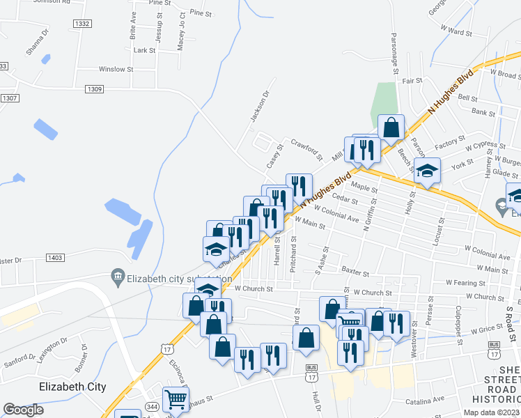 map of restaurants, bars, coffee shops, grocery stores, and more near 112 Chadburn Avenue in Elizabeth City