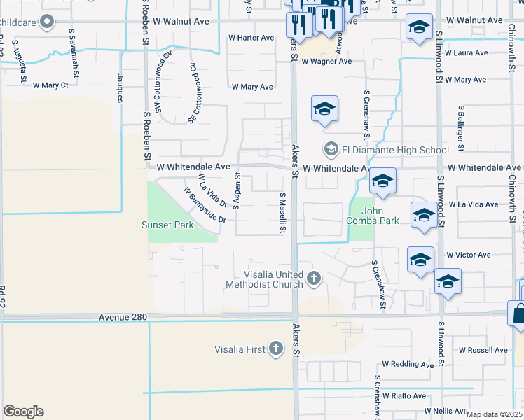 map of restaurants, bars, coffee shops, grocery stores, and more near 5433 West La Vida Court in Visalia