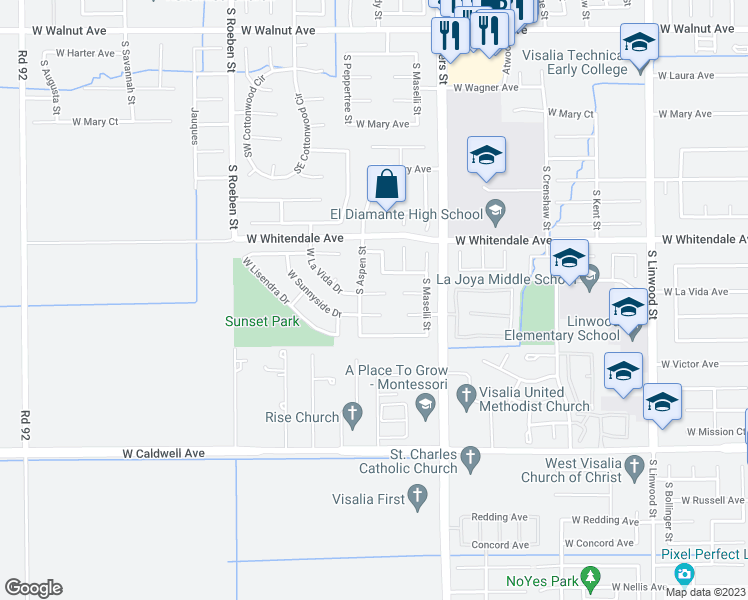 map of restaurants, bars, coffee shops, grocery stores, and more near 5531 West La Vida Court in Visalia