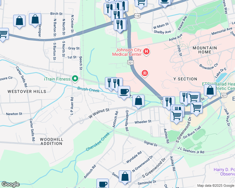 map of restaurants, bars, coffee shops, grocery stores, and more near 2203 McKinley Road in Johnson City