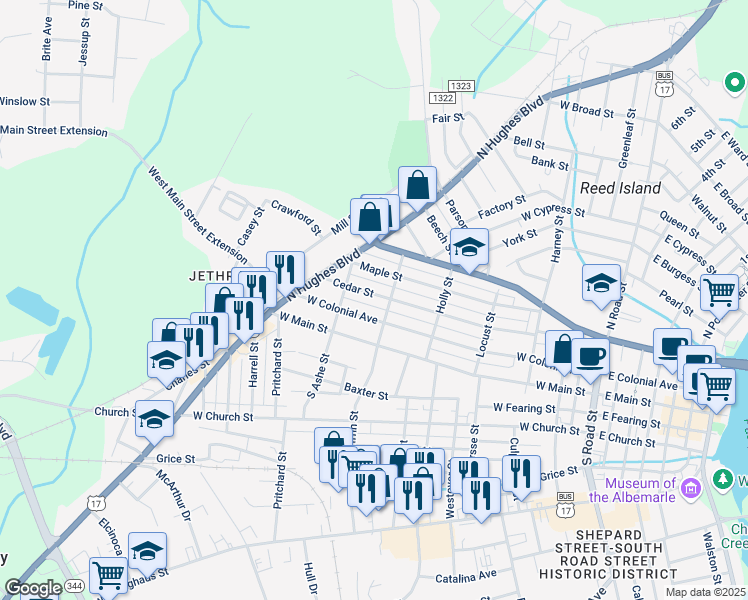 map of restaurants, bars, coffee shops, grocery stores, and more near 1007 Cedar Street in Elizabeth City