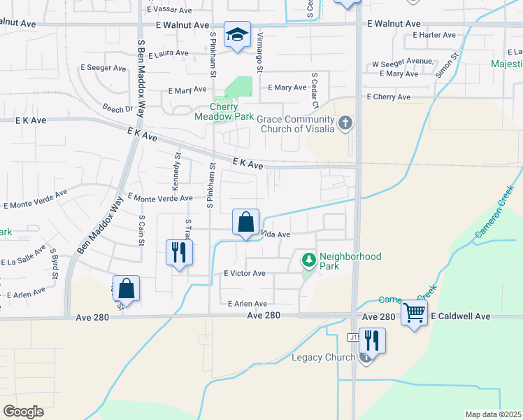 map of restaurants, bars, coffee shops, grocery stores, and more near 3011 South Virmargo Court in Visalia