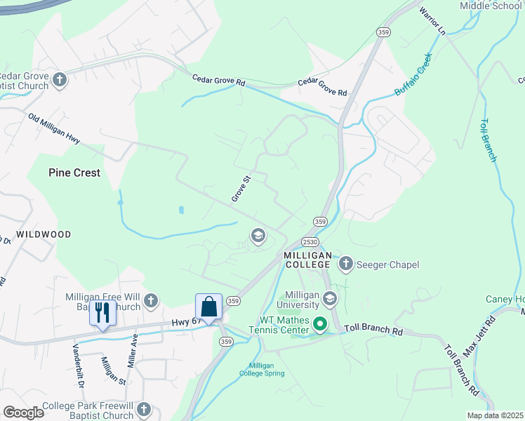 map of restaurants, bars, coffee shops, grocery stores, and more near 136 Old Milligan Hwy in Johnson City