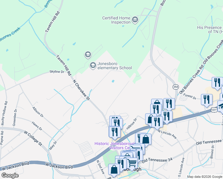 map of restaurants, bars, coffee shops, grocery stores, and more near 158 Thompson Meadow Lane in Jonesborough