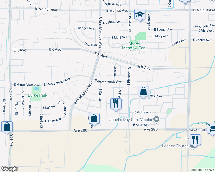 map of restaurants, bars, coffee shops, grocery stores, and more near 1805 East Monte Verde Avenue in Visalia