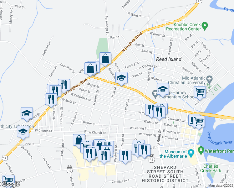 map of restaurants, bars, coffee shops, grocery stores, and more near 703 Maple Street in Elizabeth City