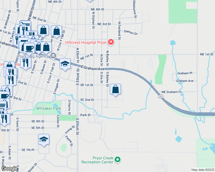 map of restaurants, bars, coffee shops, grocery stores, and more near 107 South Bailey Street in Pryor Creek